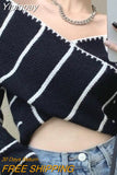 Yipinpay Cross V Neck Off The Shoulder Black White Striped Knitted Sweaters Women Sexy One Slim Irregular Crop Top 2023 Grey