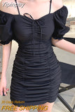 Yipinpay Temperament Solid Color Puff Sleeve Drawstring Ruched Short Dress For Dating Shopping Ladies Sexy Slim Mini Skirt Girls
