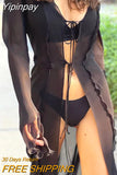Yipinpay Women See Through Lace Up Mesh Dress Elegant Flare Sleeve Bandage Midi Dresses Ladies Beach Vacation Party Vestidos
