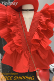 Yipinpay Red V Neck Blouse Layered Ruffled Sleeveless Chiffon Shirt Waist Design Crop Top Femme Shirts for Women Blusas White Flying