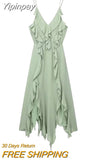 Yipinpay Green Ruffle Dress Woman Chiffon Slip Long Dress Women Asymmetric Backless Sexy Party Dresses Midi Holiday Summer Dresses
