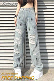 Yipinpay Streetwear Hip Hop Hole Baggy Jeans Denim Pants Woman Man Straight Wide Leg Pants Patchwork Boyfriend Y2k Punk Kpop