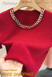 Yipinpay for Women High End Short Sleeve Knitted T-Shirt 2023 Summer French Office Lady Style Tops Femme Chic Chain Neck Tees