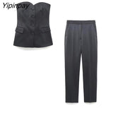 Yipinpay Ladies Solid Blazer Sets 2023 Pretty Strapless Single Breasted Tops Straight Trousers Basic Zipper Pants Causal Suits