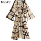 Yipinpay Elegant Women Printed Mid-Calf Dresses With Lace 2023 Spring Summer V-neck Dresses A-line Flare Sleeve Vestidos