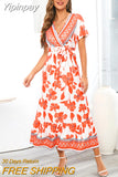 Yipinpay Summer New Large Size Retro Exotic Printed Long Dress Bohemian Seaside Vacation Beach Dress Women
