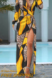 Yipinpay Women Cheetah Print Colorblock Twisted High Slit Shirt Dress Maxi Bodycon Dress  Elegant Party Dress