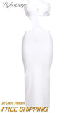 Yipinpay MO 2023 Slant Shoulder White Sexy Women's Dress Elegant Hollow Out Backless Maxi Dress Party Beach Holiday Bodycon Robe