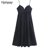 Yipinpay Women Fashion Pleated Poplin Midi Dress Vintage Backless Elastic Side Zipper Thin Solid Female Dresses Vestidos