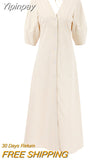 Yipinpay Elegant Beige Women Linen Dress Puff Sleeve Long Backless Button Dress Ladies V-Neck Cotton Dresses Soft Summer 2023