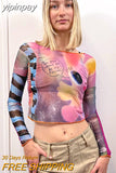 yipinpay T-Shirt Mesh Top Sexy Print Crop Top Party Club Outfits Transparent Tops Streetwear Clothes Long Sleeve Tee Women
