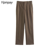 Yipinpay Women Office Outfits Blazer Suit 2023 Autumn Winter 2Pcs Single Button Notched Jacket+Zipper Long Trousers Basic Outwear