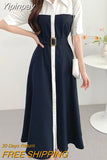 Yipinpay Chic French Korean Single-breasted Midi Dress Women Sashes Elegant Short Sleeve Office Ladies Shirt Dresses Khaki Blue