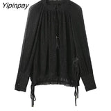 Yipinpay Loose Women Folds Blouses Shirt 2023 Spring Autumn Causal Bow Collar Long Sleeved Thin Tops Oversize Black T-Shirts