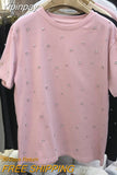 Yipinpay 2023 Summer Women T-shirt Casual Loose Diamond Cotton Half Sleeve Tshirt Big Female Basic Tops Tees Heavy Industry 4XL