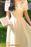 Yipinpay Elegant Short Sleeve Dress Woman Casual Slim One Piece Dress Korean Fashion 2023 Summer Party Casual Vintage Midi Dress