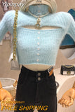 Yipinpay High Collar Sweater Women Slim Sexy Hollow Jumper Pullover Tops Crop Pink Sweaters Fur Button Knit Sueter Shirt
