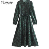 Yipinpay Women Fashion Print Mid-Calf Dresses With Belt 2023 Female Elegant Turn Down Collar Dresses Long Sleeve Soft Vestidos