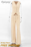 Yipinpay Khaki Elegant Women 2 Pieces Sets Cotton Linen V-Neck Sleeveless Vest Outfit Summer Vacation Wide Leg Pant Sets 2023