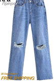 Yipinpay Blue Baggy Jeans Women Ripped Denim Pants Woman High Waist Wide Leg Pants Female Fashion Streetwear Women's Trousers