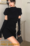 Yipinpay Knitted Bodycon Dress Sexy Puff Sleeve Sweater Mini Dress Women Evening Party One Piece Dress Korean Spring Clothing Chic