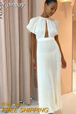 Yipinpay Women White Pleated Maxi Dress Sexy Flared Sleeves Hollow Out Folded Dresses Ladies A Line Dress Party Club Dress