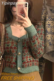 Yipinpay Sexy Retro Square Floral Cropped Cardigan Knitted Top Slim Pull Femme Jumpers Single-breasted Jacquard Sweater Coat