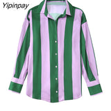 Yipinpay Fashion 2023 Autumn Women Striped Print Blouses Casual Loose Thin Tops Vintage Single Breasted Long Sleeve T-Shirts