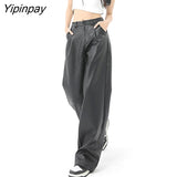 Yipinpay 2023 Spring Casual Straight Wide Leg Pants High Waisted Pu Leather Pants Ladies Solid Trousers