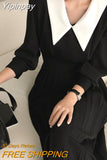 Yipinpay Chic Autumn Slim Patchwork Contrast Lapel Long Sleeve Pleated Dress Women Black Retro Elegant Sexy Vestido Feminino