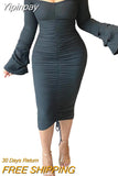 Yipinpay Dress Fall Winter Clothes 2023 Off Shoulder Sexy Bodycon Long Sleeve Ruched Sheath Dress with Drawstring Prom Night Club