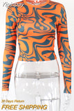 Yipinpay Printed O Neck Slim T-Shirts Women Long Sleeve Cropped Tee Shirts 2023 Spring Fall Harajuku Lolita Y2K Clothes