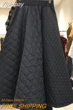 Yipinpay Elastic Waist Quilted Cotton Jupe Black Skirt Korean Style Long Skirts Women Y2k Skirt Faldas Mujer Plaid Harajuku Vintage