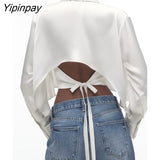 Yipinpay 2023 Summer Women Hollow Out Blouses Shirt 2023 Fashion Female Long Sleeve Short Tops Single Breasted Bow T-Shirts