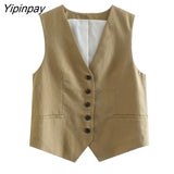 Yipinpay 2Pcs Ladies Vest Blazer Sets 2023 Spring Autumn V-neck Solid Single Breasted Jacket+A-Line Short Trouser Causal Basic Suits