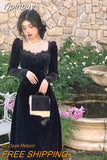 Yipinpay Vintage Balck Long Sleeve Dress Woman Elegant Fashion Velvet Midi Dress Korean Style Even Party Dress Casual 2023 Spring