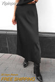 Yipinpay High Waist A-Line Skrit Women Brown Satin Skirts Ladies Streetwear Long Skirts Ankle-Length Solid Black Skirt Summer