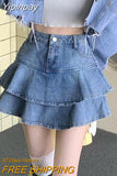 Yipinpay Vintage Denim Mini Skirt Ruffle Women Summer Korean Fashion Sexy High Waist Patchwork Jeans Skirt Casual Streetwear