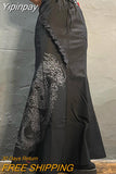 Yipinpay Gothic Mermaid Skirt Long Women Vintage Chinese Dragon Print High Waist Lace Up Slim Goth Black Maxi Skirt Streetwear