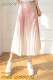 yipinpay Korean High Waist Pleated Skirt Woman Gradient Chic Slim Summer A-line Skirts Girls New Fashion Pink Long Midi Faldas