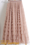 Yipinpay White Long Skirts For Womens Fashion 2023 Summer High Quality Green Dark Brown And Blue Mesh Tulle Cake Midi Skirt Female