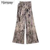 Yipinpay Fashion 2023 Spring Summer Printed Blouse Pants Sets Casual Short Sleeve Soft Bow Shirts Bow Wide Leg Pants Outwear