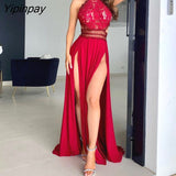 Yipinpay Women Glamorous Halter Lace High Silt Sleeveless Asymmetrical Sexy Party Wedding Red Dress