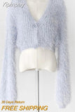 Yipinpay Autumn Sweet Sexy V Neck Mohair Pink Knitted Sweater Crop Long Sleeve Cardigan Temperament Elegant All-match Solid