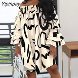 Yipinpay Women Loose Cold Shoulder Slash Collar All Over Print  Flared Sleeves Mini Party Dress Women Dress Top