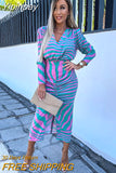 Yipinpay Women Casual Stripe Printed Elastic Shirt Dress 2023 Summer Fashion Chic V-Neck Split Frock High Street Lady Floral Midi Vestido