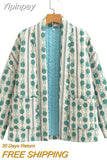 Yipinpay TRAF Ethnic Style Print Quilted Coats for Women 2023 Autumn Winter Vintage Jackets Coat Female Long Sleeve Warm Outerwear