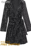 Yipinpay Black Sequin Dress Woman Glitter Velvet Blazer Dress Women Long Sleeve Short Dresses Autumn Winter Elegant Party Dresses