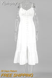 Yipinpay White Cotton Linen Spaghetti Strap Dress Women V-Neck Summer Vacation A-Line Dress Ruched Casual Button Dresses 2023