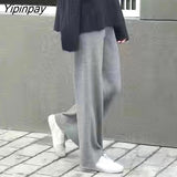 Yipinpay Autumn/Winter Women Pants Warm High Waist Loose Knitted Wide Leg Pants Baggy Side Slit Casual Pants Female